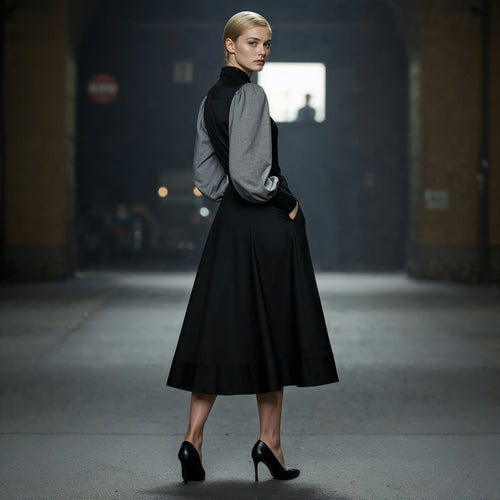 Woman in a black dress standing in an urban setting
