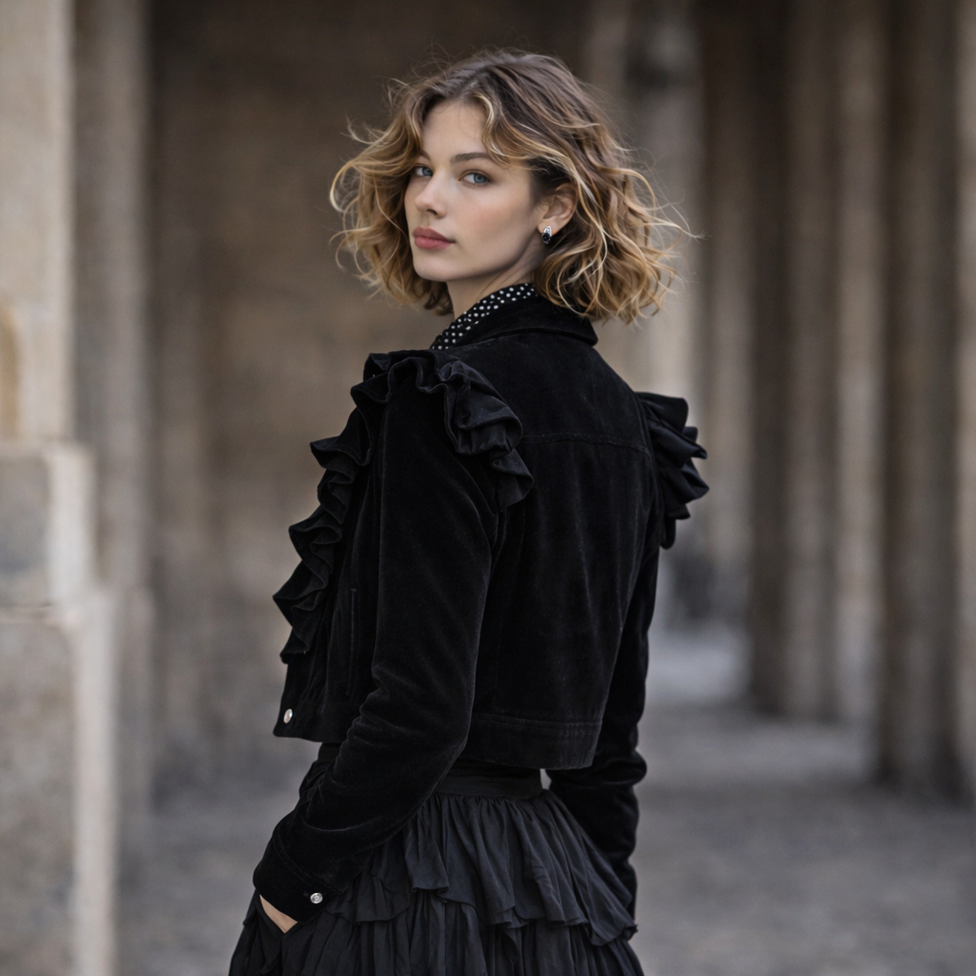 Beautiful woman in black gothic jacket