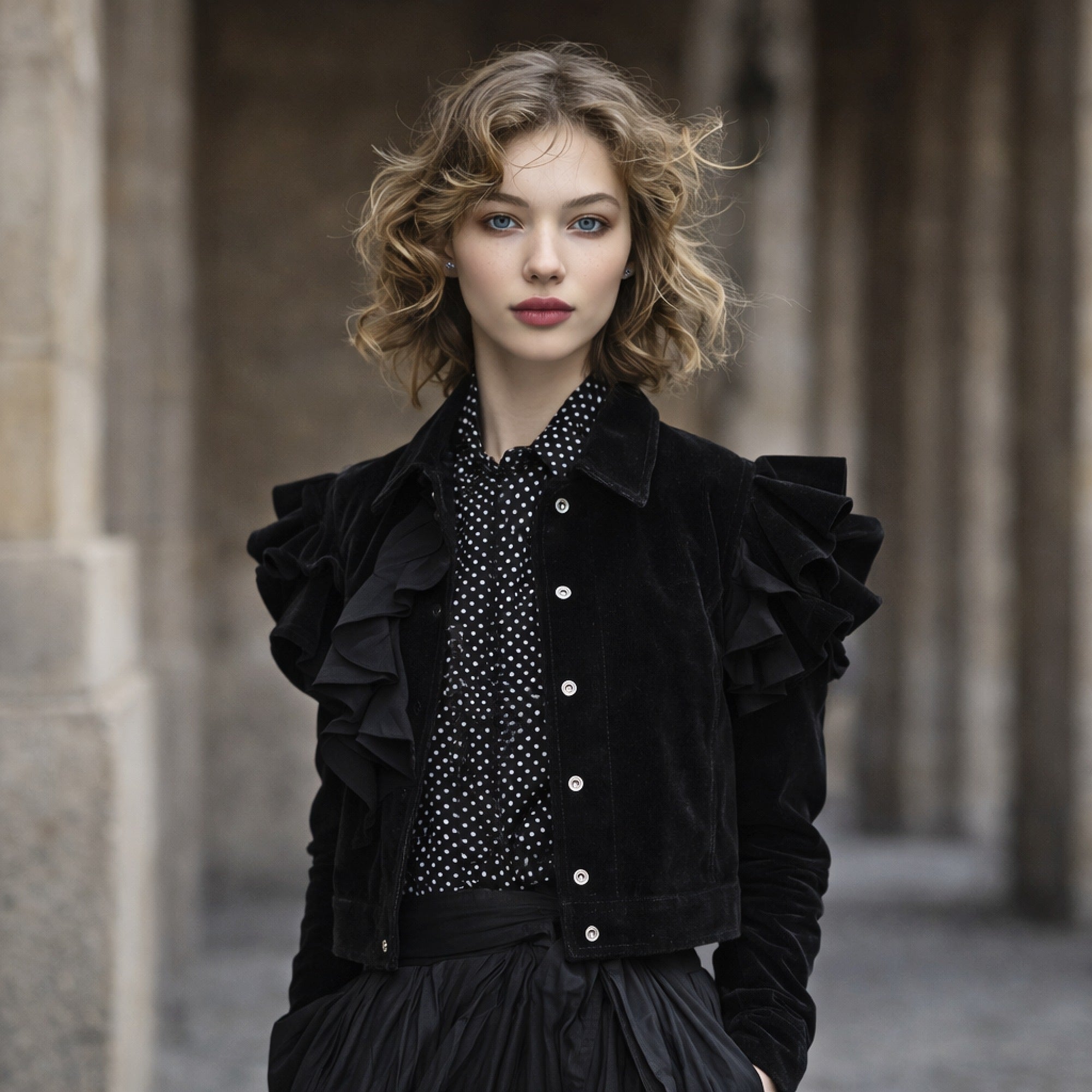 Woman wearing black velvet gothic jacket
