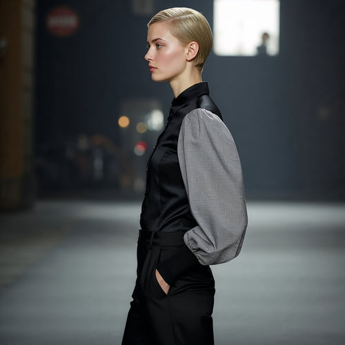 Woman wearing a black outfit with gray sleeves in an urban setting