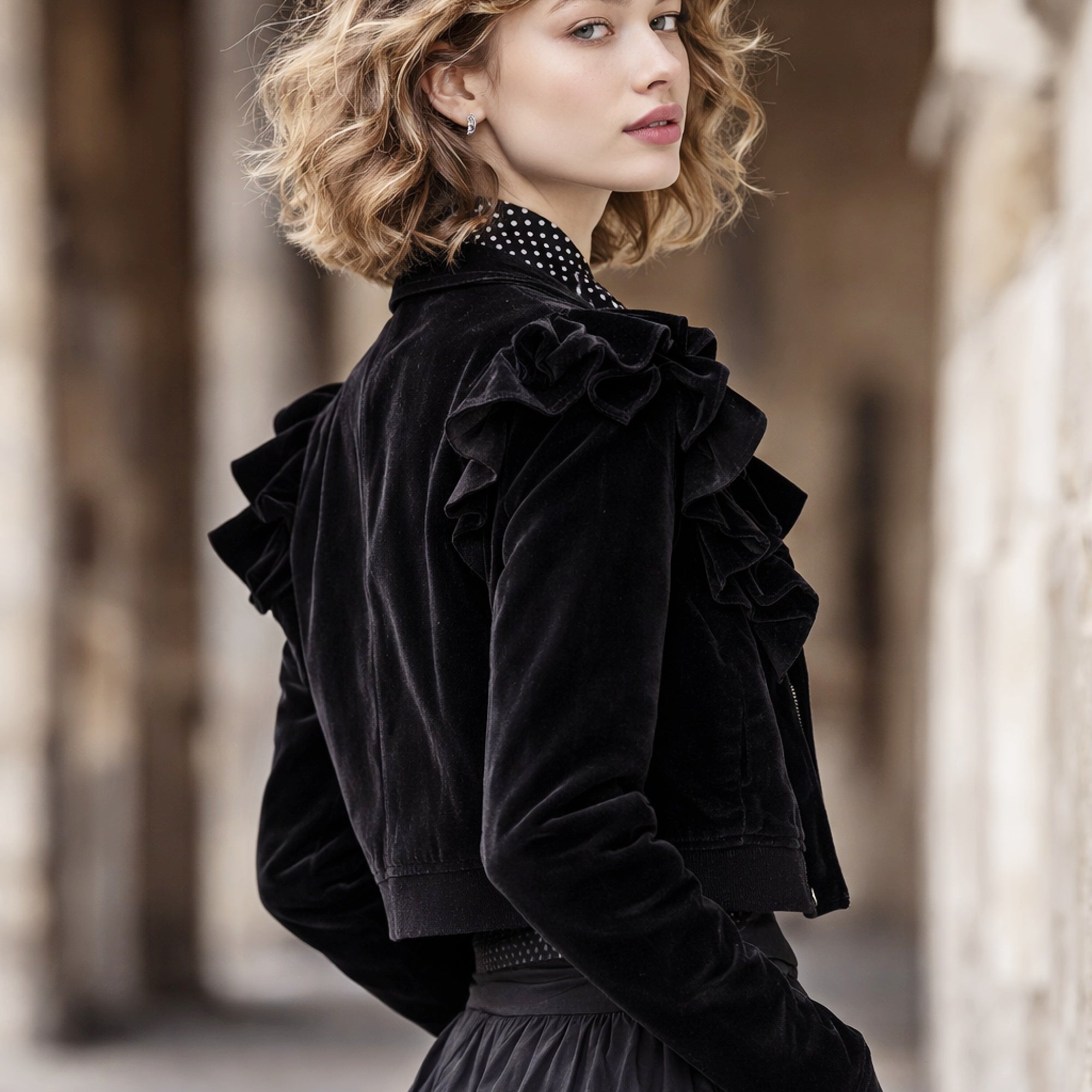Woman wearing a black ruffled jacket in an outdoor setting