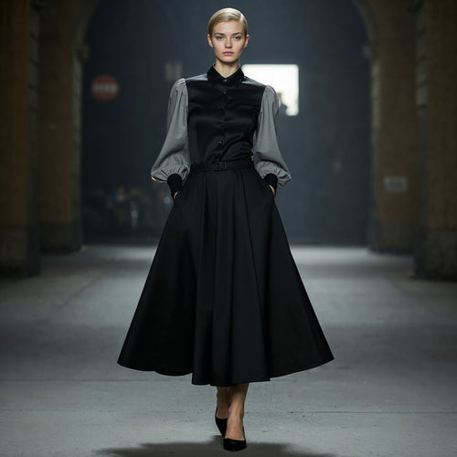Model wearing a black dress with a gray puff sleeves on a runway.