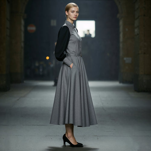 Woman in a gray dress standing in a dimly lit hallway