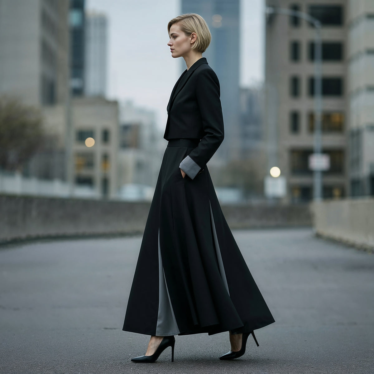 A woman stands in profile on an urban street wearing a long black tailored set of jacket  with a flared skirt, gray side panels, and gray cuffs, paired with black heels.