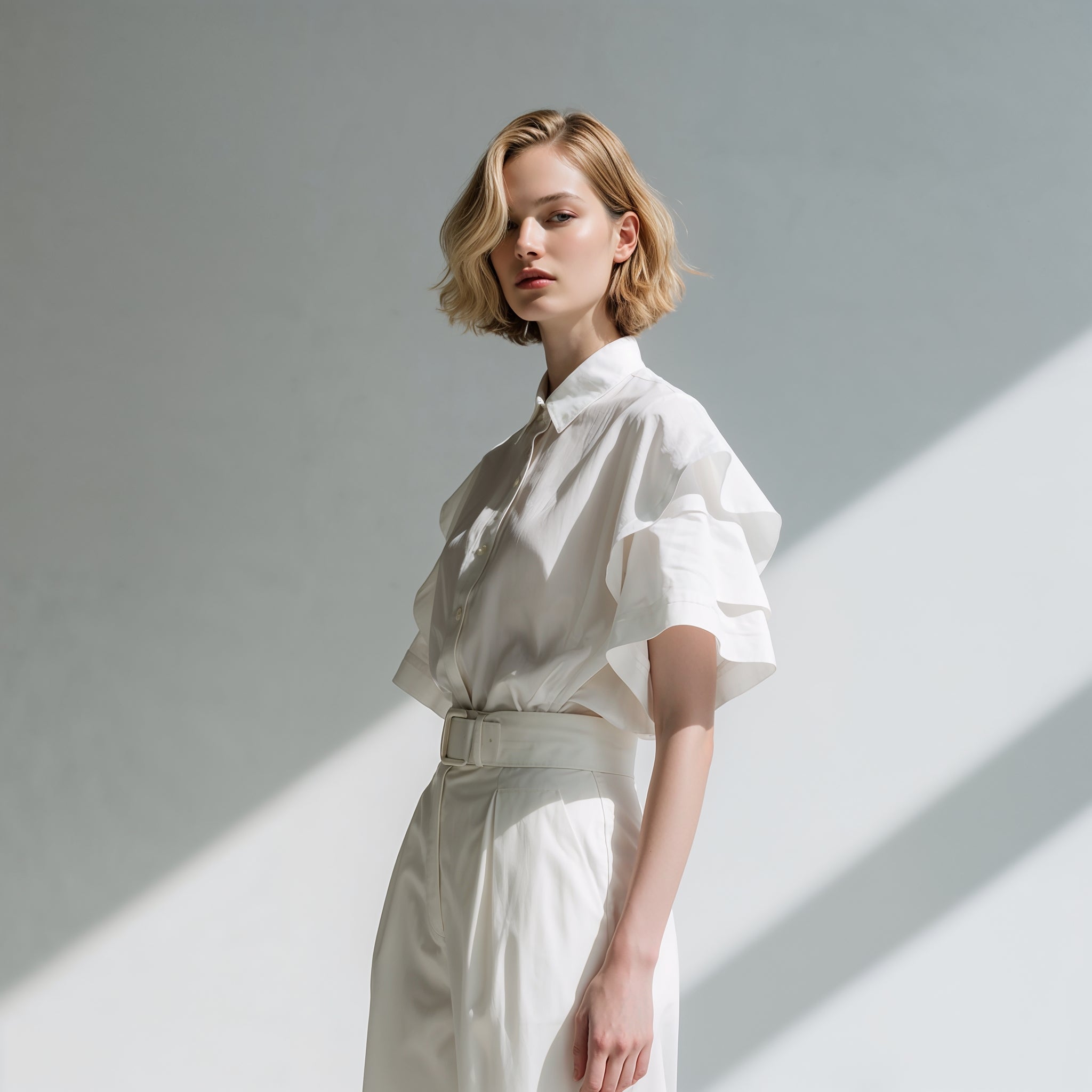 Woman wearing a white outfit against a gray background