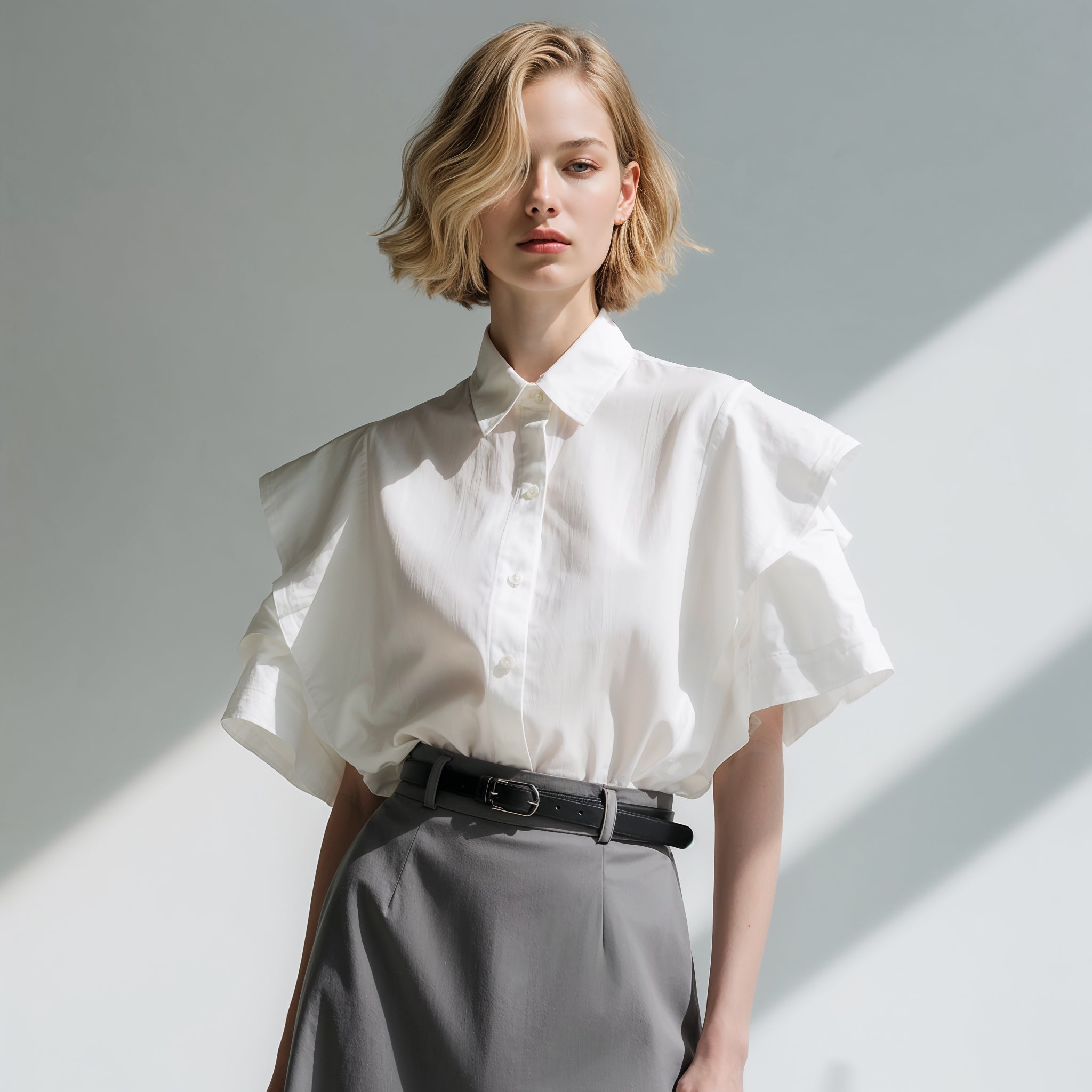 Woman wearing a white blouse with ruffled sleeves and gray pants against a neutral background